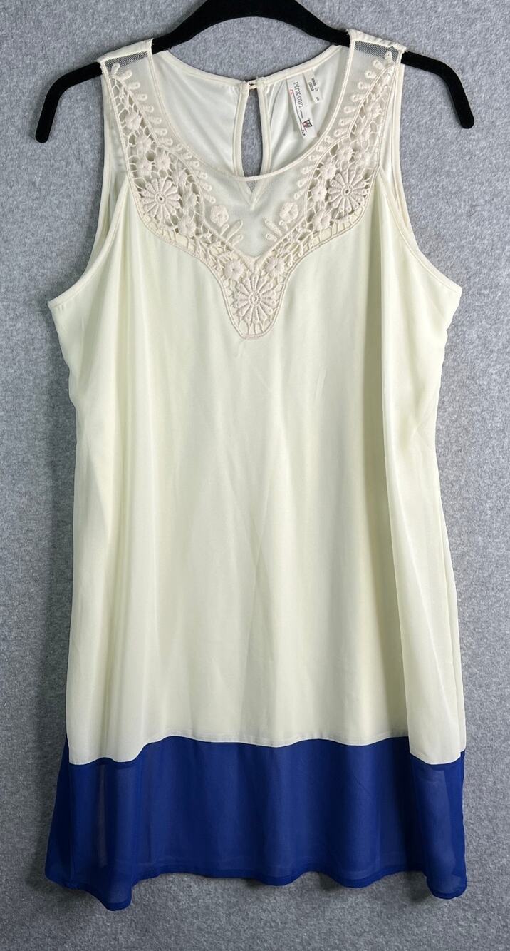 Pink Owl Lace Yoke Shift Dress Womens L Ivory Blue Colorblock Sleeveless